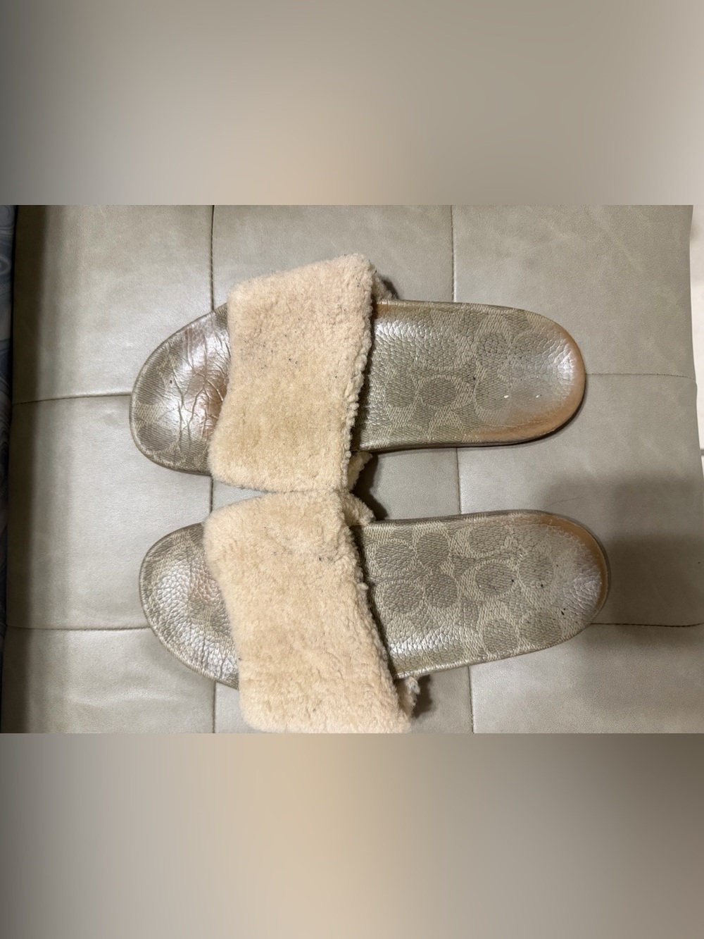 Coach Beige Shearling Slide Sandals